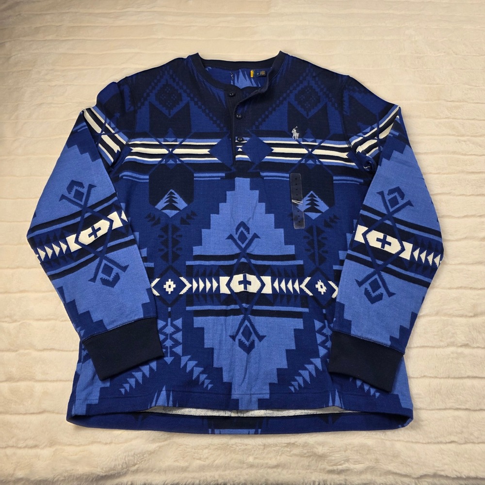 Polo Ralph Lauren Southwestern Geometric Henley Shirt‎ Mens M Blue Long Sleeve